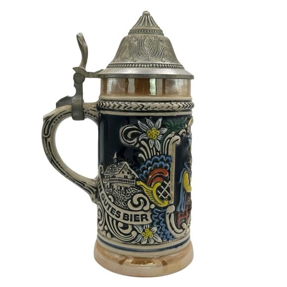 Vintage Gerz West German Lidded Beer Stein Pewter Ceramic - Picture 1 of 8